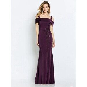 Cameron Blake CB115 Long Off Shoulder Gown Eggplant Purple Size 12 Beaded Slit